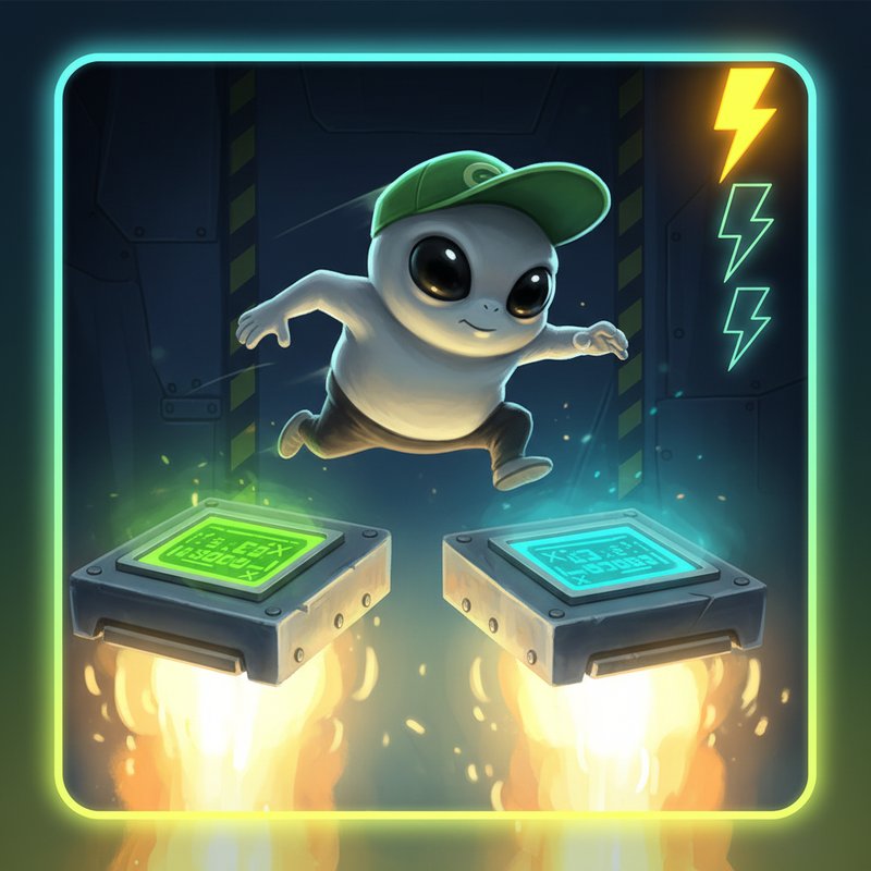 Jumper slot game showing gray alien character with green cap jumping between floating metal platforms with rocket flames in dark space environment with neon multipliers and bonus lightning symbols